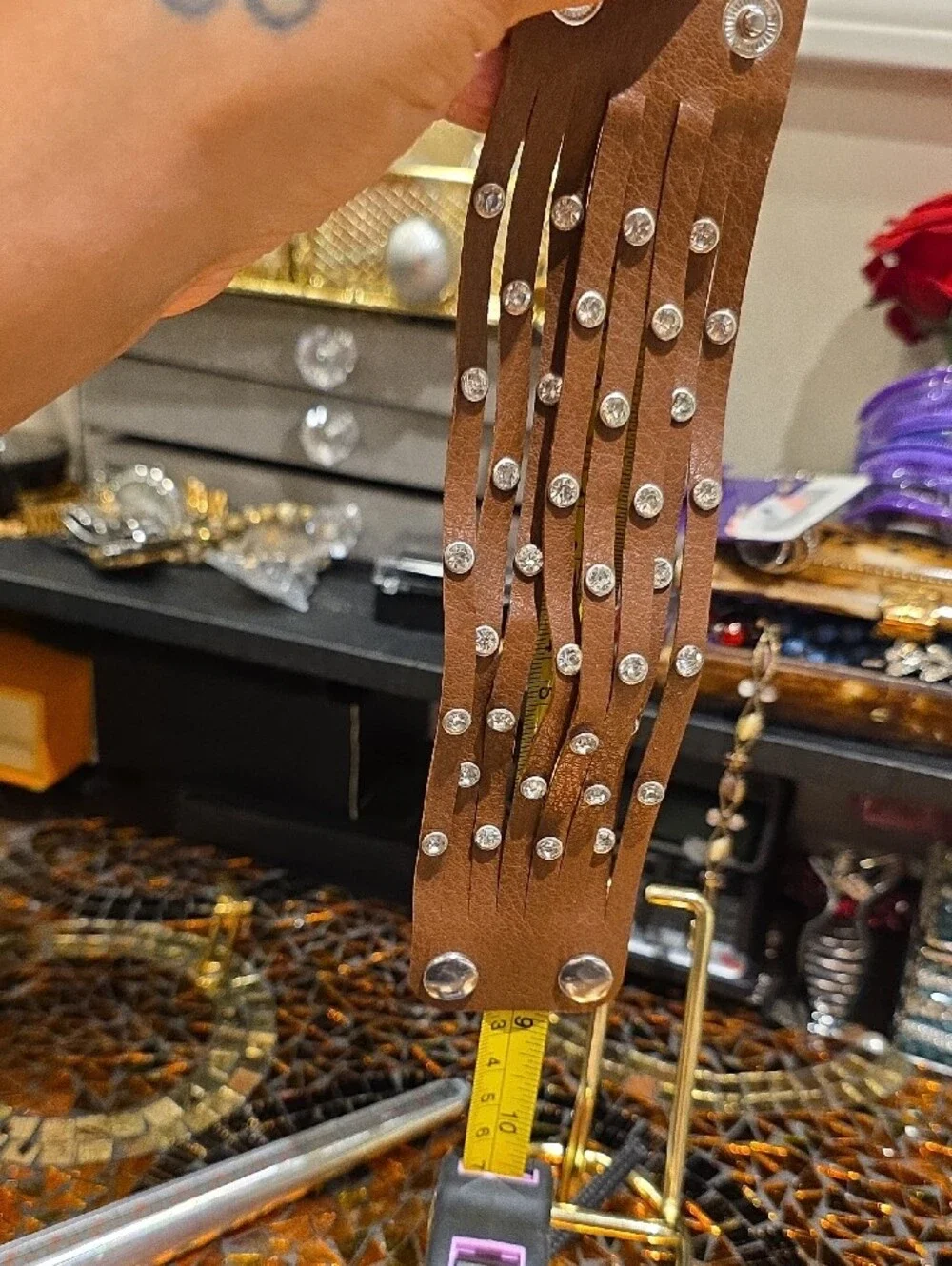 Source Unknown Tan Wrap Bracelet with Clear Crystal Studs and Gold Hardware